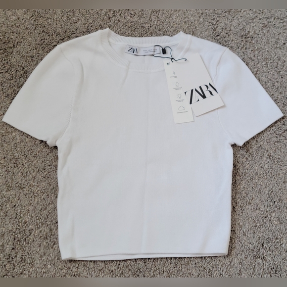 Zara Striped Cropped Knit T-Shirt  Color: White  | Size: S - Picture 1 of 2